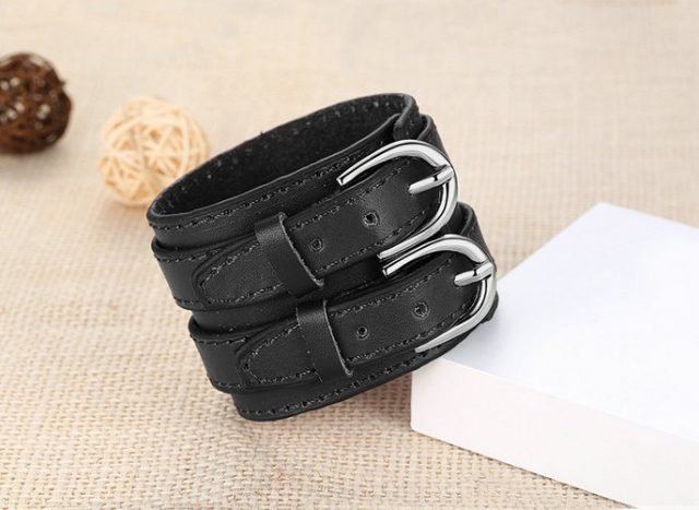 Men’s Stylish Wide Leather Bracelet with Two Buckes