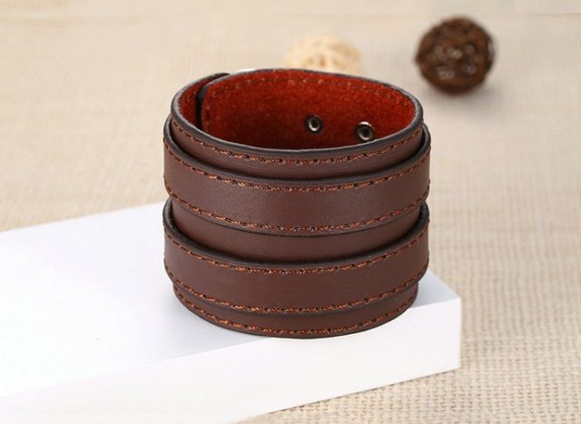 Men’s Stylish Wide Leather Bracelet with Two Buckes